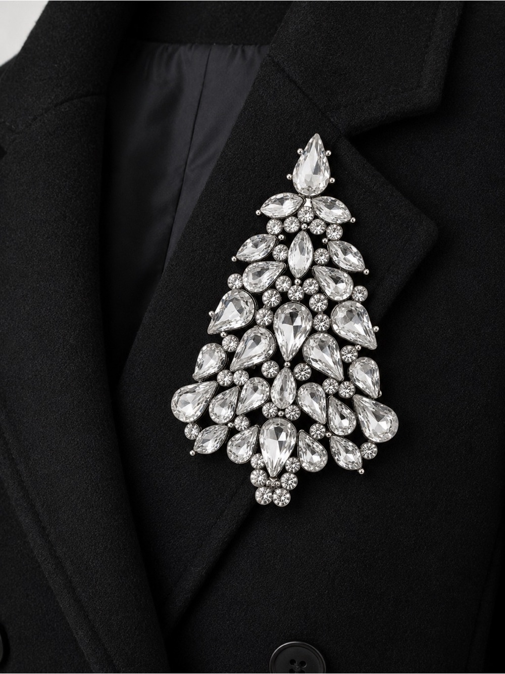 Silver Crystal Teardrop Christmas Tree Magnetic Brooch